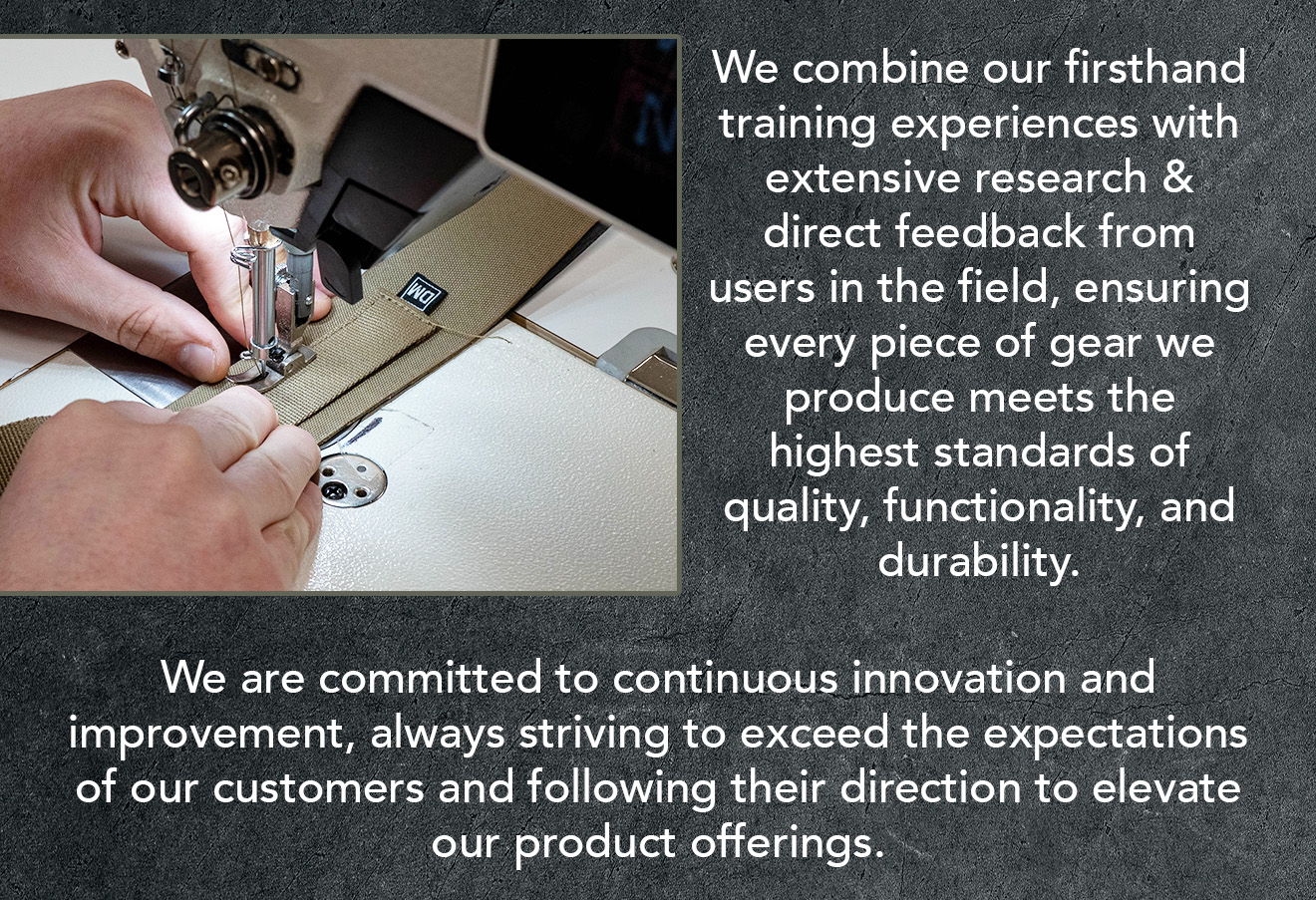 Hands using a sewing machine with text about quality and commitment.