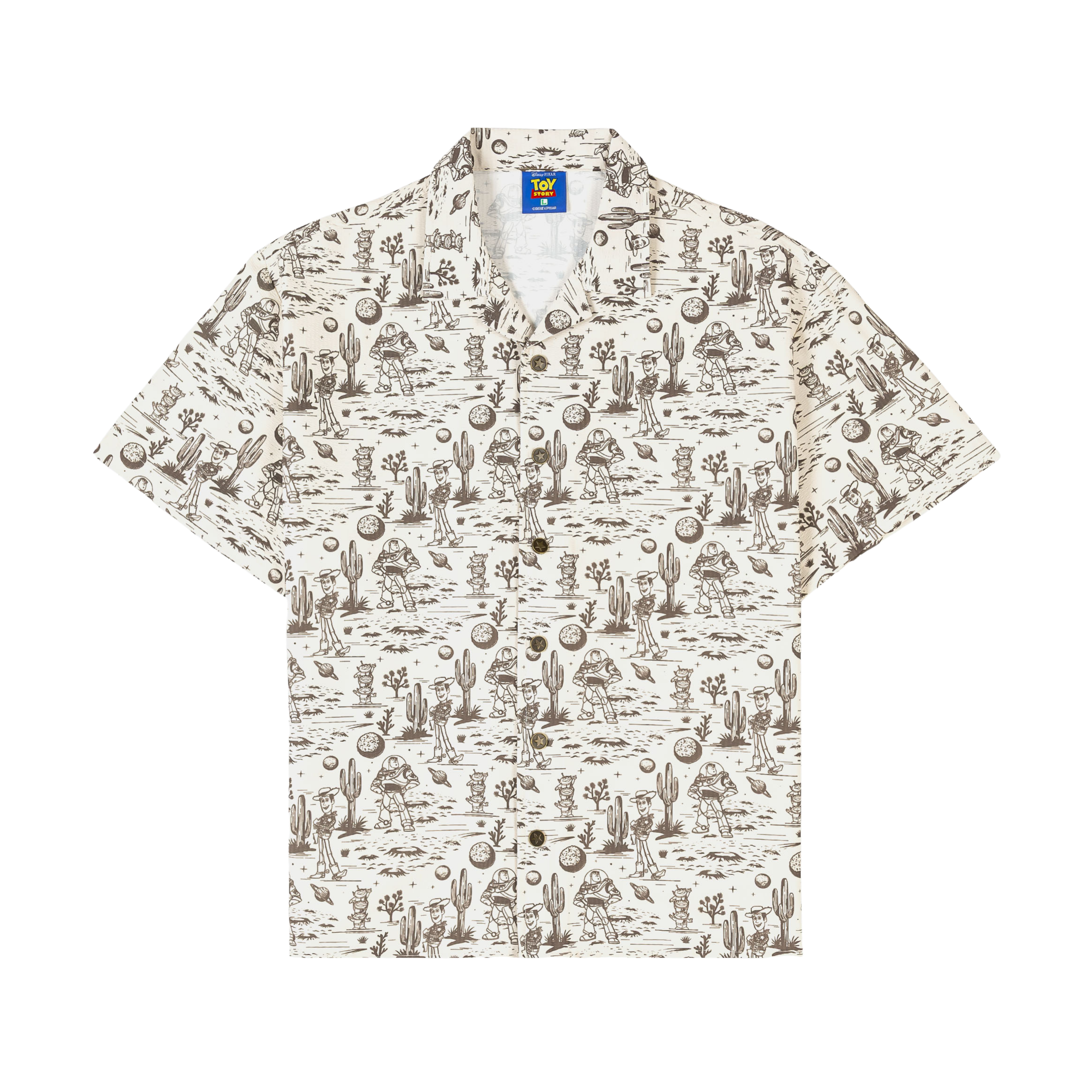 Short-sleeved shirt with a light-colored, patterned design.