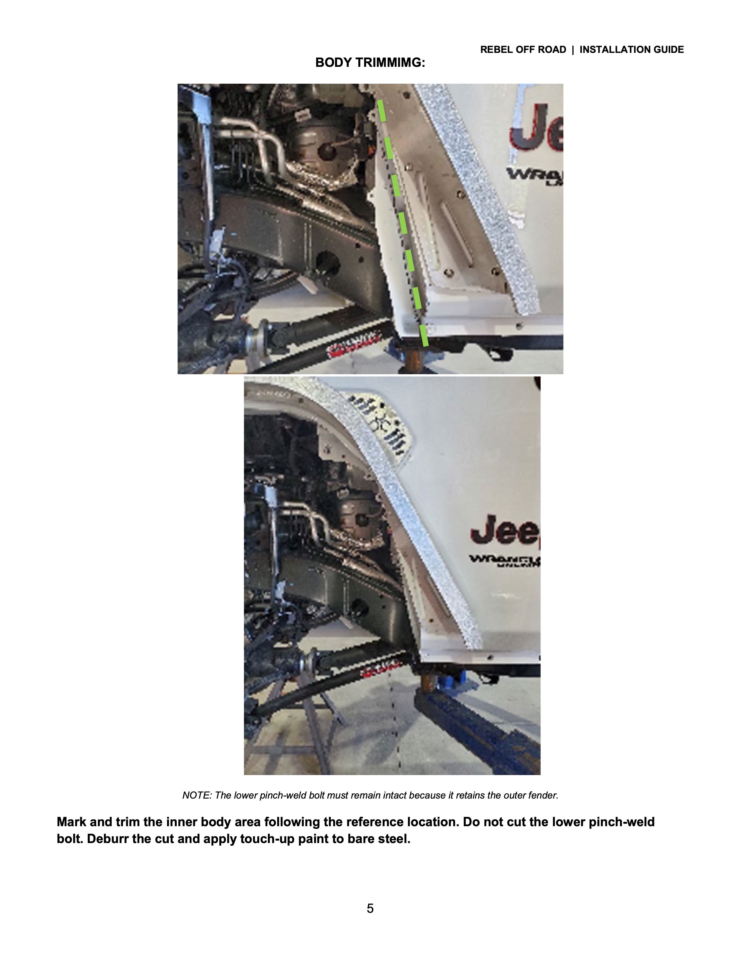 Jeep body trimming instructions with images of modifications.