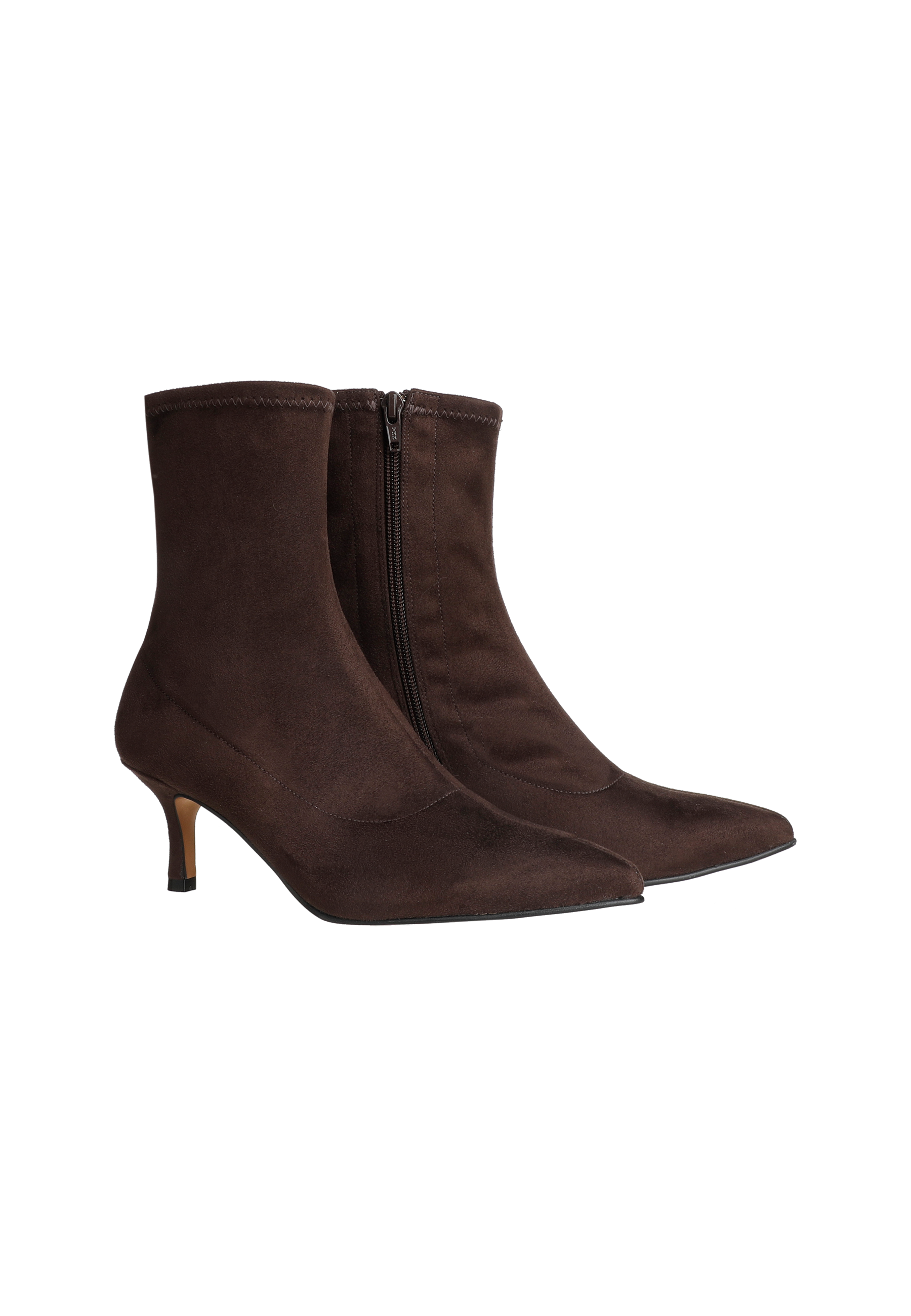 Brown suede ankle boots with a pointed toe and zipper closure.