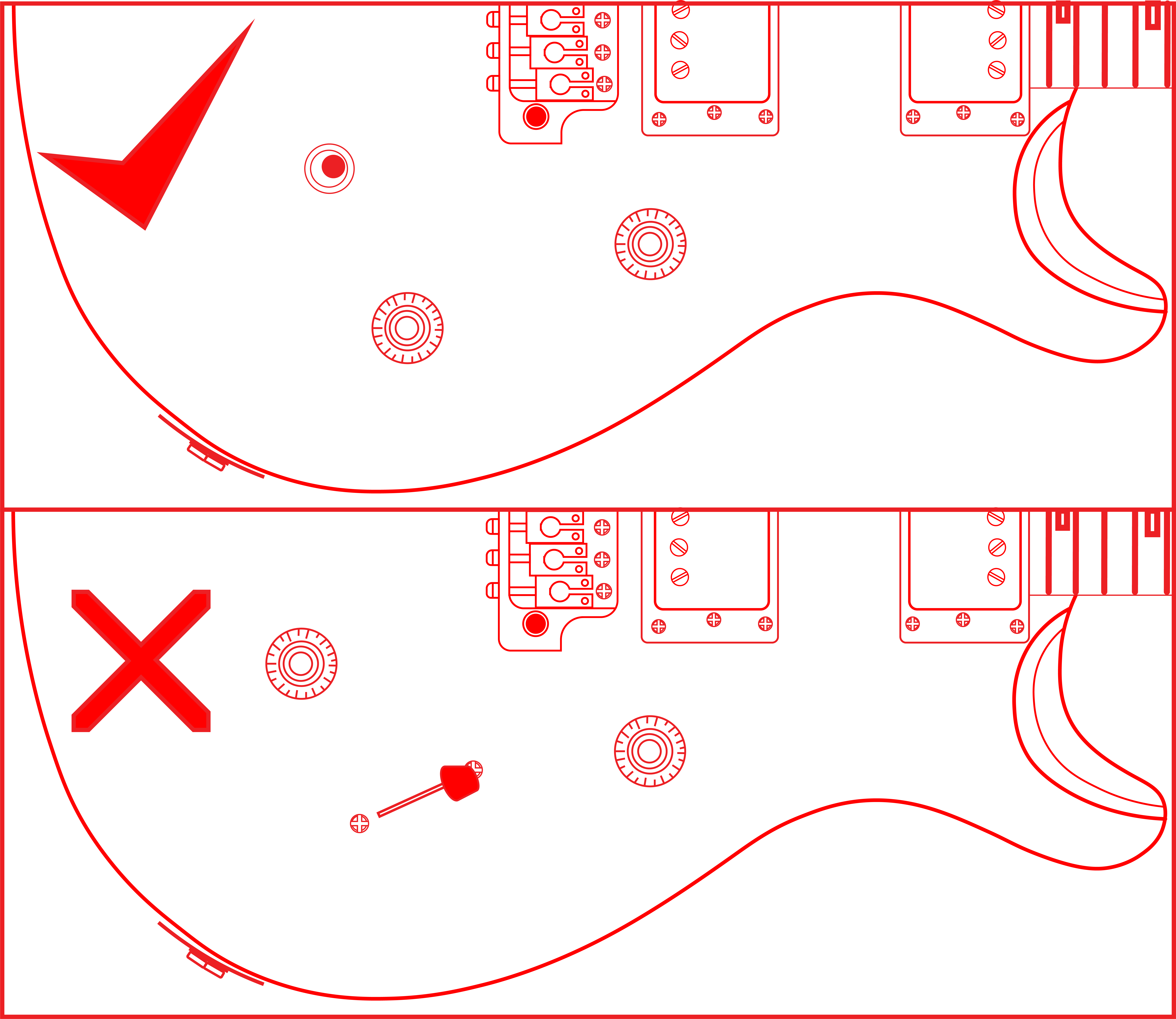 Guitar body diagram showing correct and incorrect component placements.