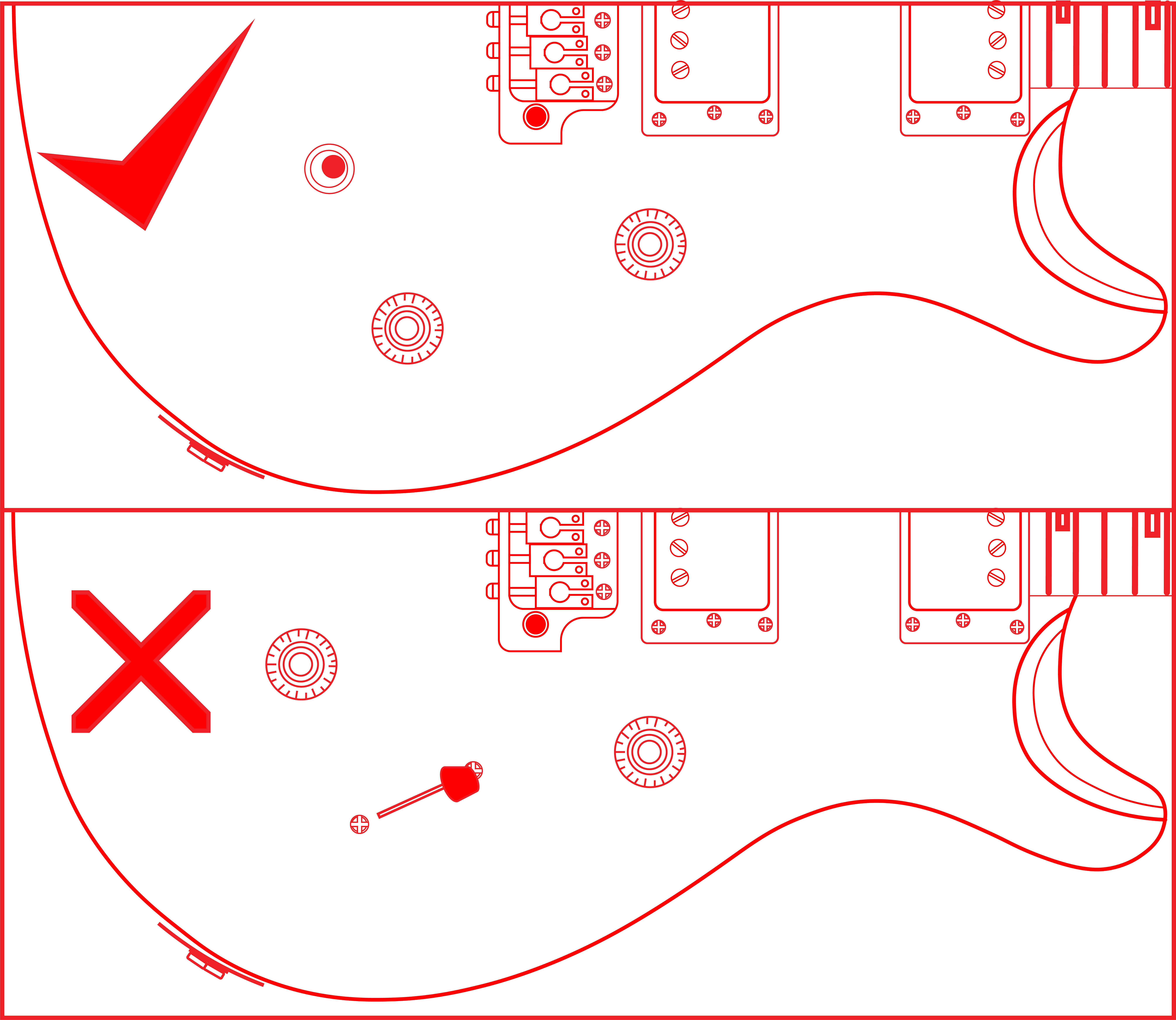 Guitar body diagram showing correct and incorrect component placements.