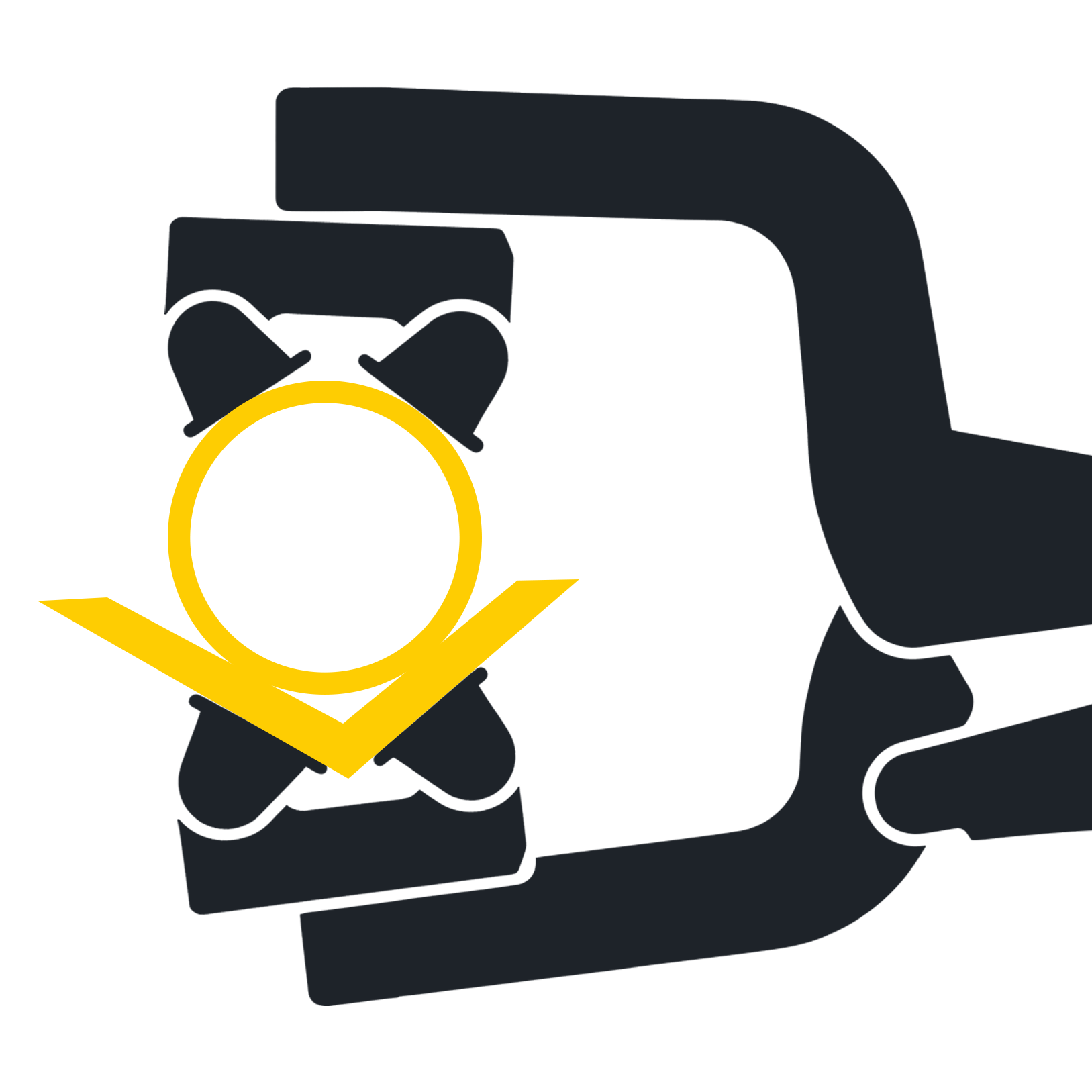 Illustration of a mechanical clamp with a circular object and yellow accents.