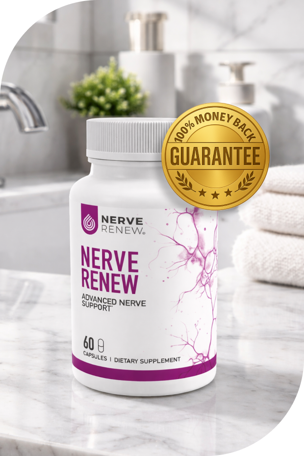 Bottle of Nerve Renew dietary supplement on a bathroom countertop.