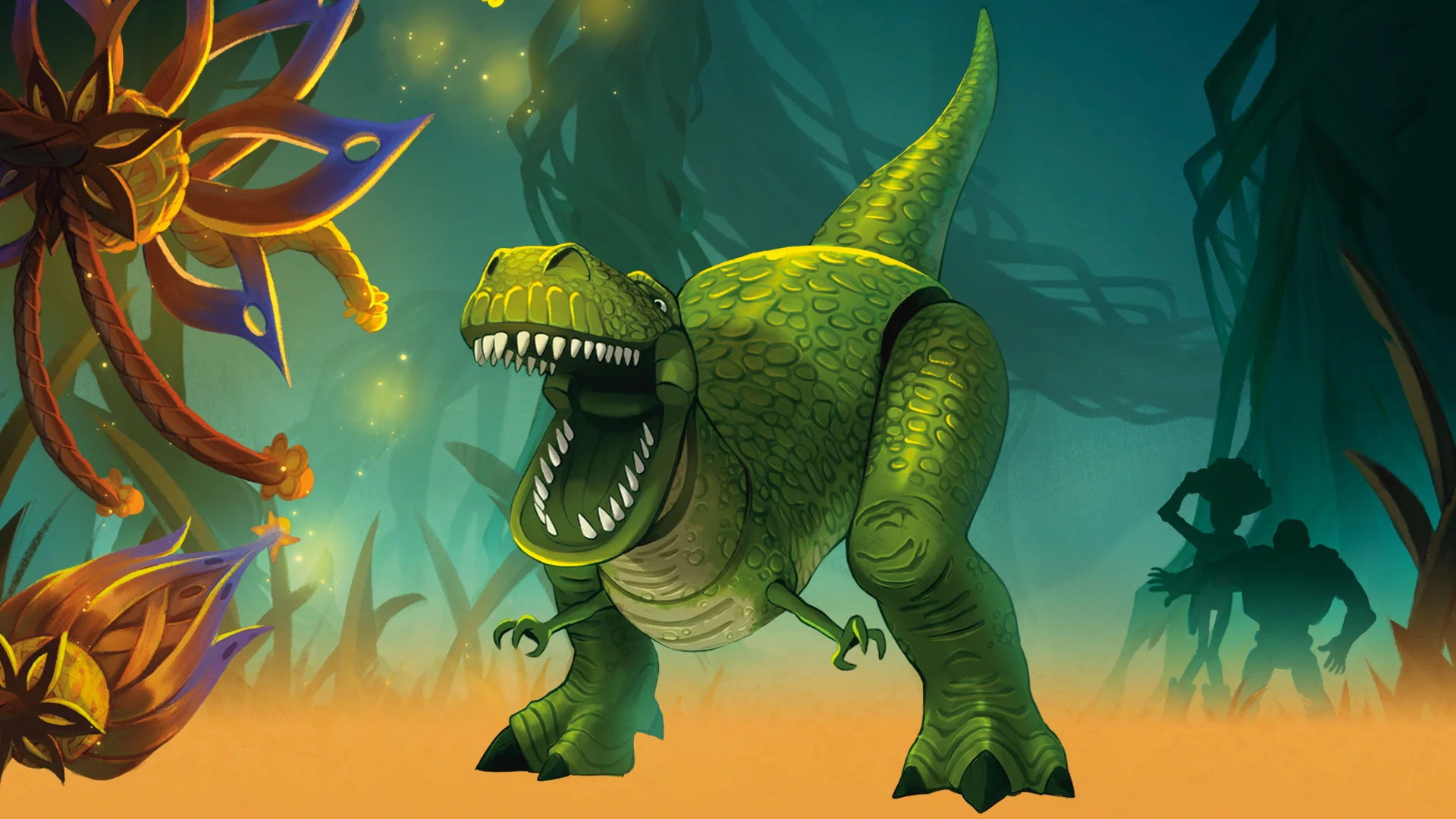 Disney Lorcana Wilds Unknown Rarest Cards - A cartoon dinosaur roaring in a vibrant, colorful jungle setting.