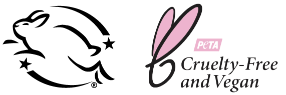 Leaping Bunny certification logo features a graphic design of a bunny leaping with a line and star both under and above it. PETA’s cruelty-free logo features a graphic design of a bunny’s head and pink ears next to the text “PETA, Cruelty-Free.”