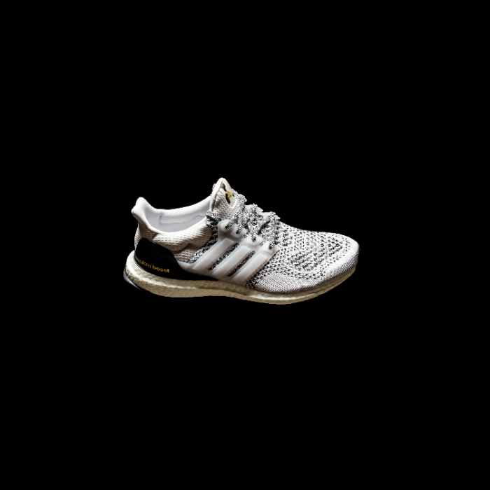 ultraboost white /grey single shoe black background