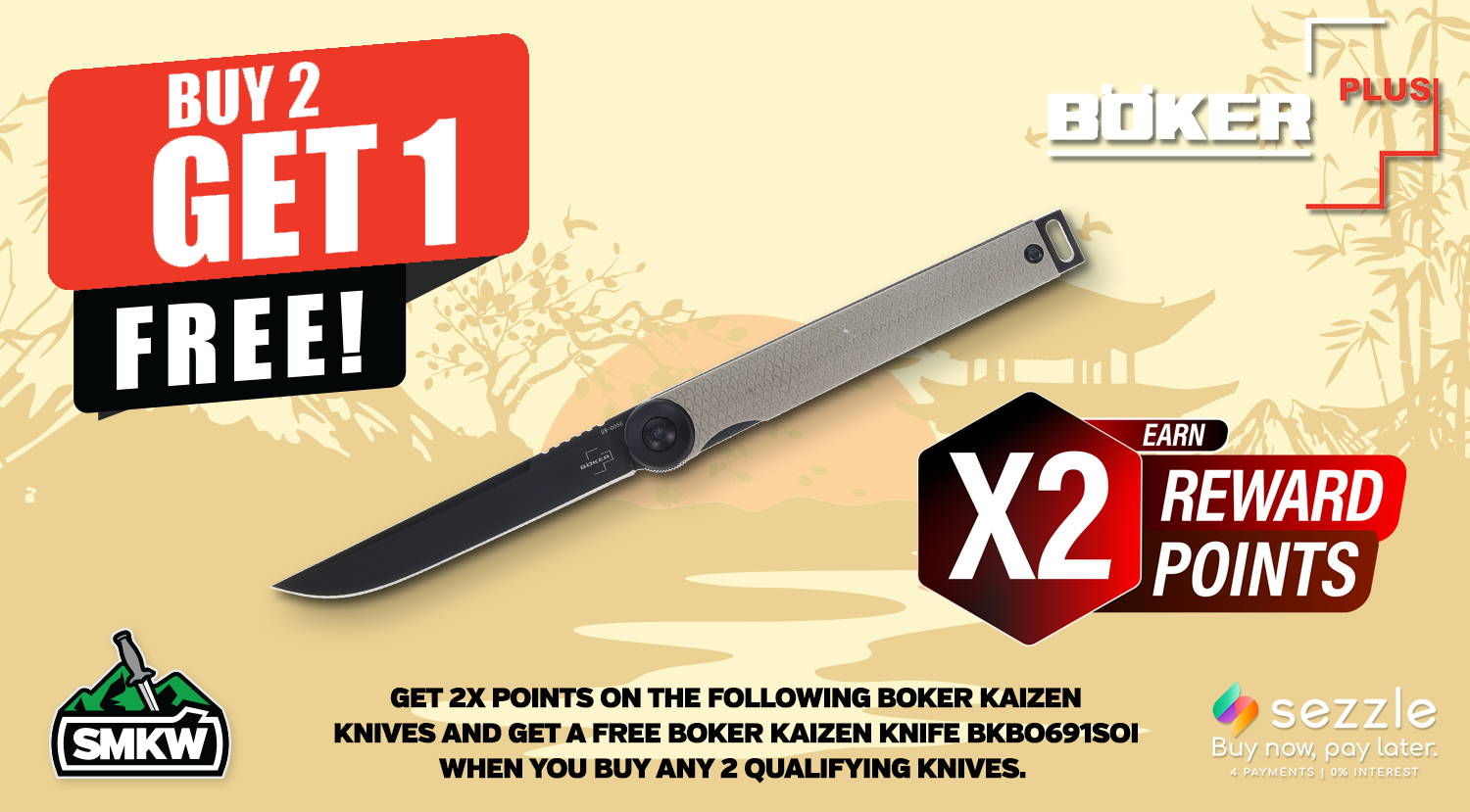 Buy 2 get 1 on select Boker Kaizen and Double rewards Points