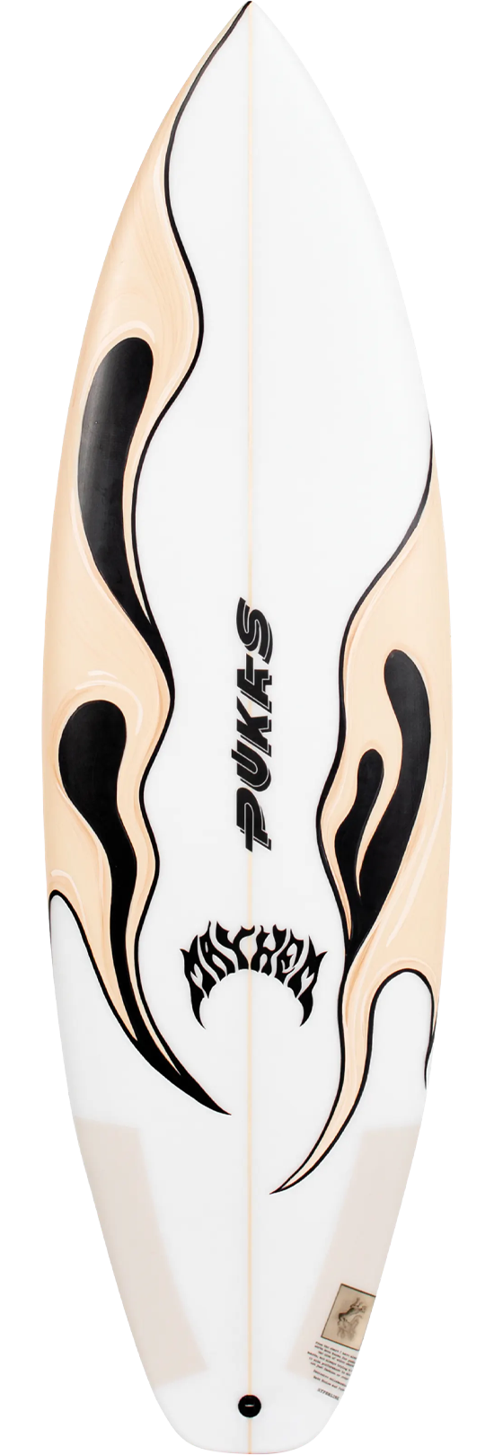 White surfboard with black and orange flame designs.