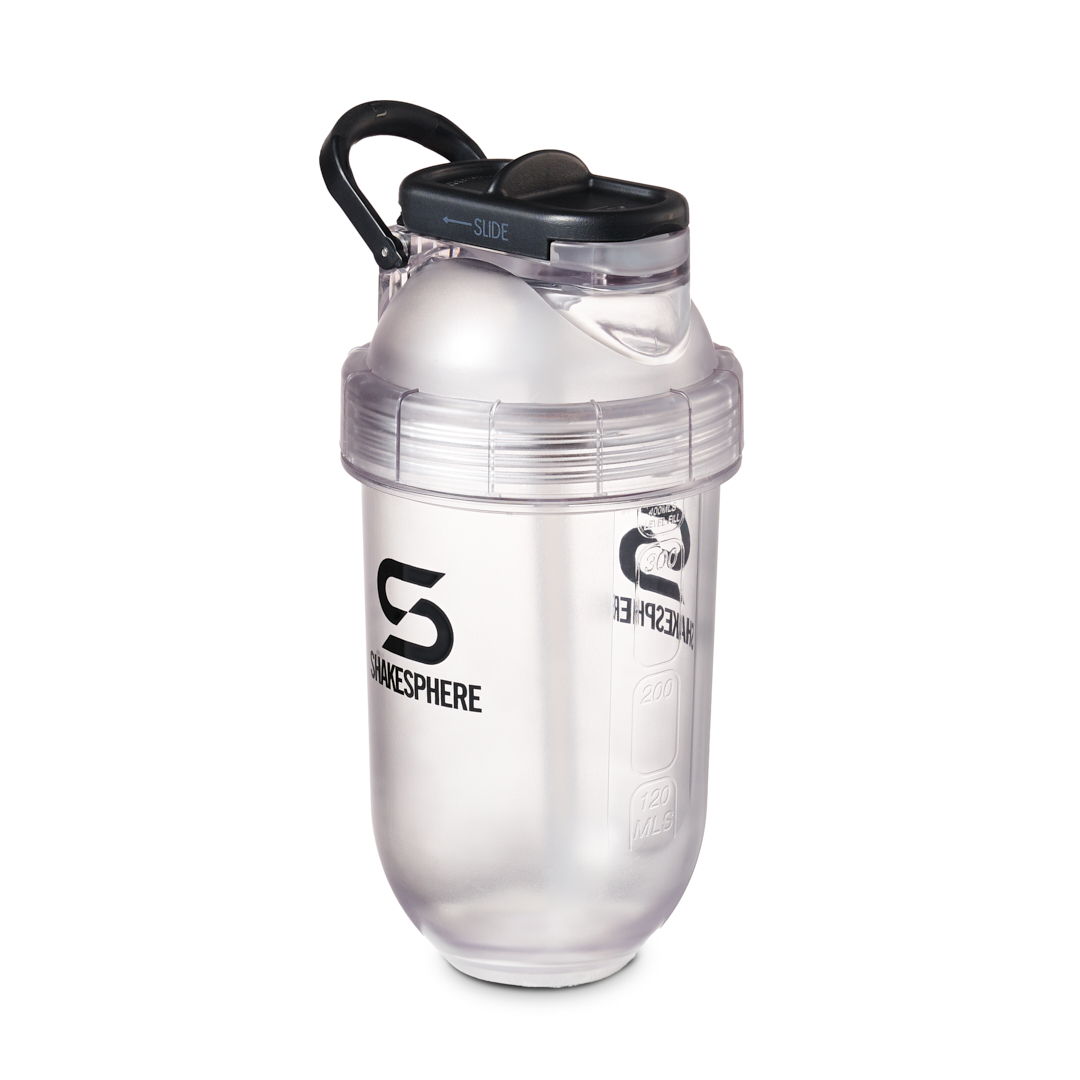 Clear shaker bottle with a black lid and a logo.