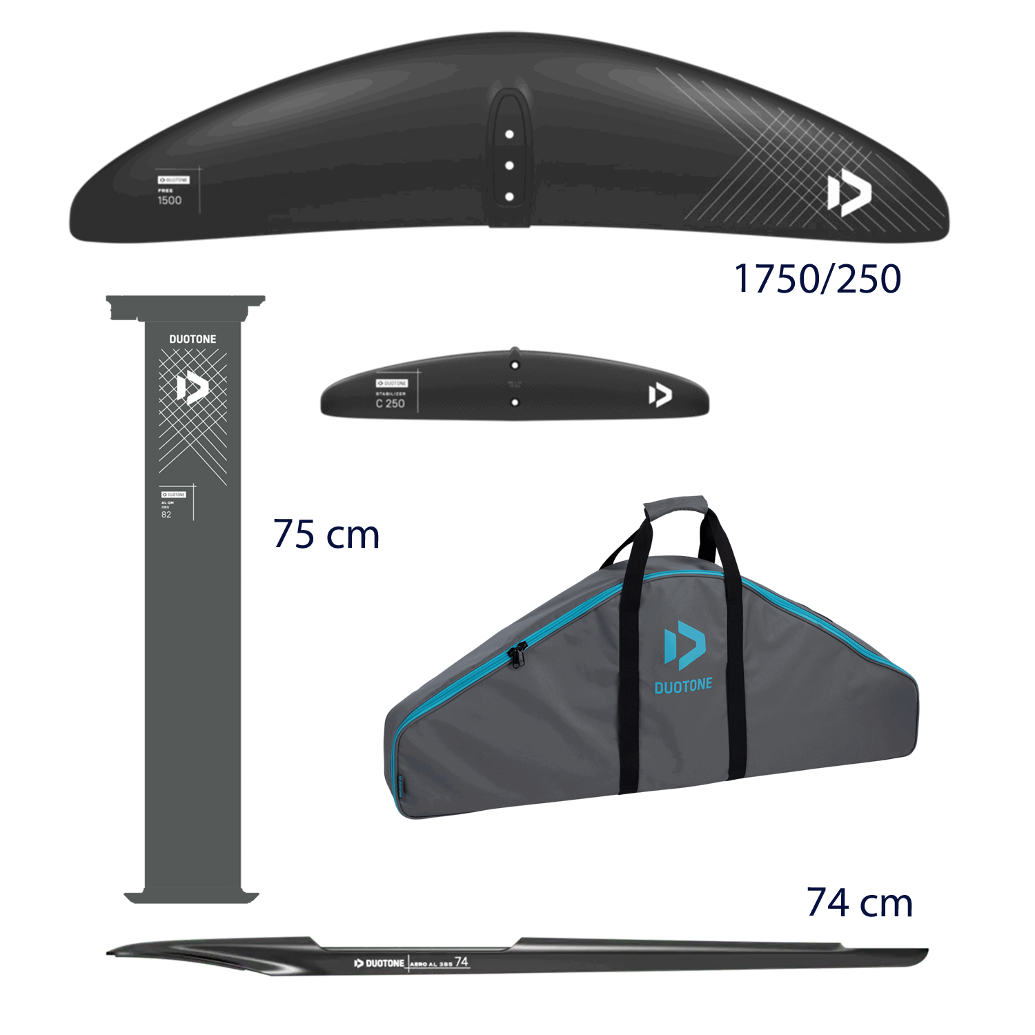 Image of a hydrofoil kit with components and dimensions displayed.