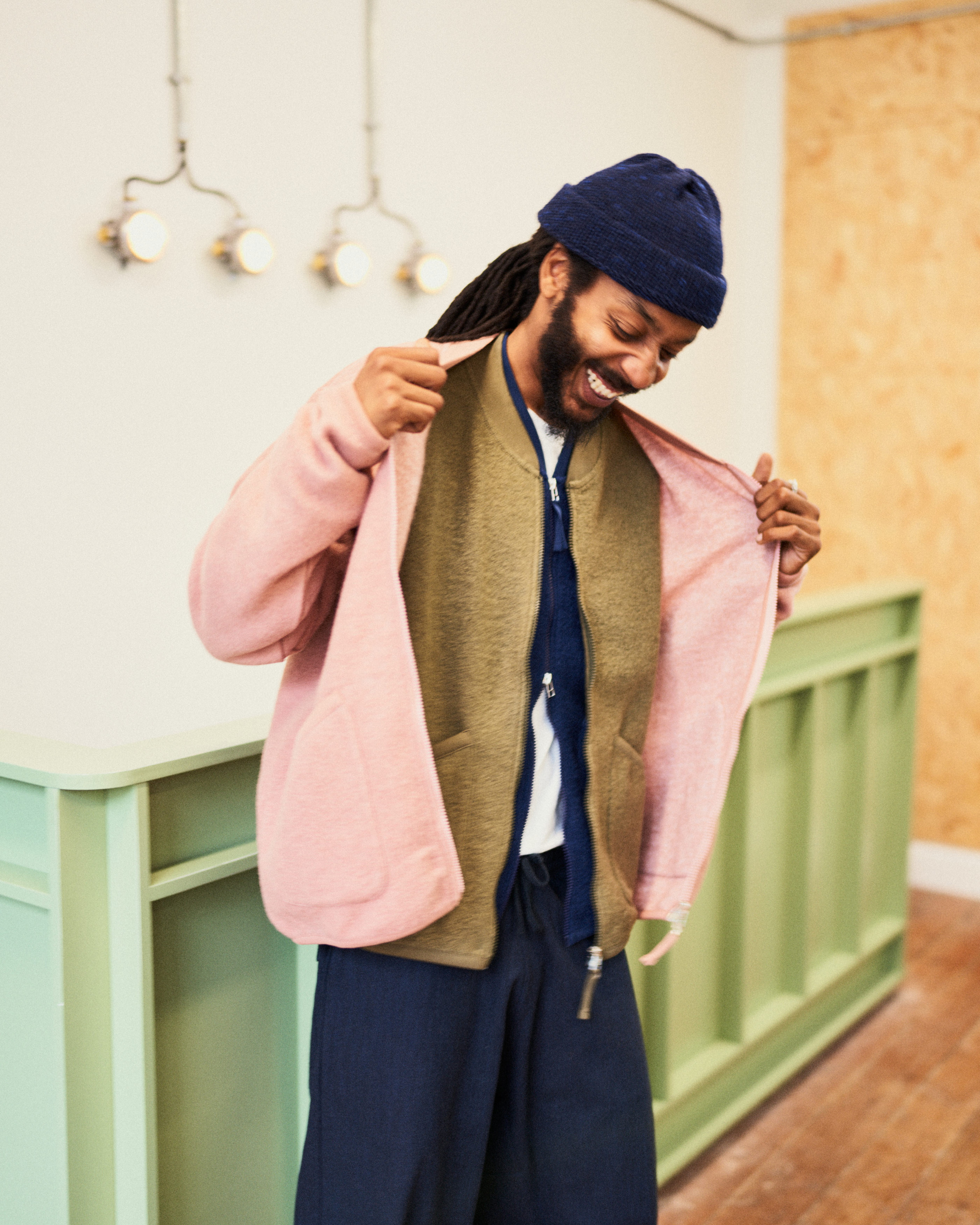 Meshach from our Derby Road store layering up our Zip Bomber Jacket in Wool Fleece