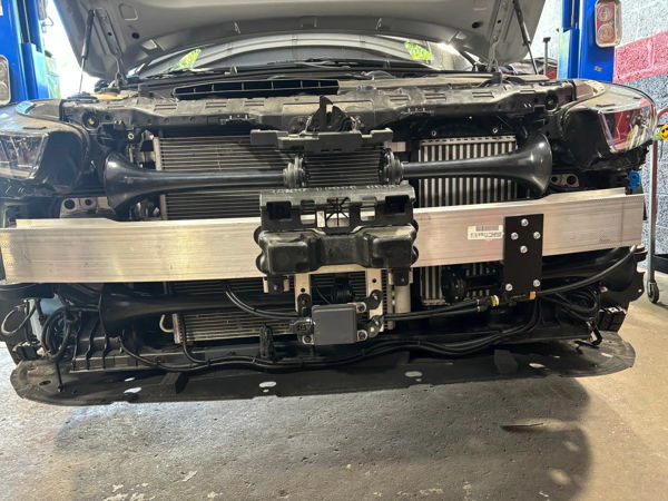 Front bumper removed three train horn trumpets radiator intercooler Nicollette's 2022 Kia K5 Conductor's Special 232 customer install gallery photo 5