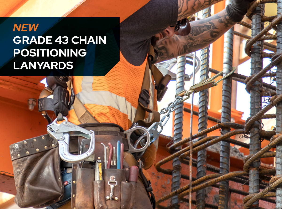 Construction worker anchored to rebar using the grade 43 chain positioning lanyard