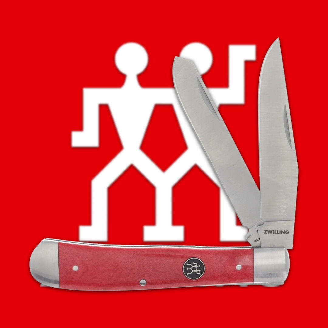 Red background featuring a folding knife and stylized human figures.