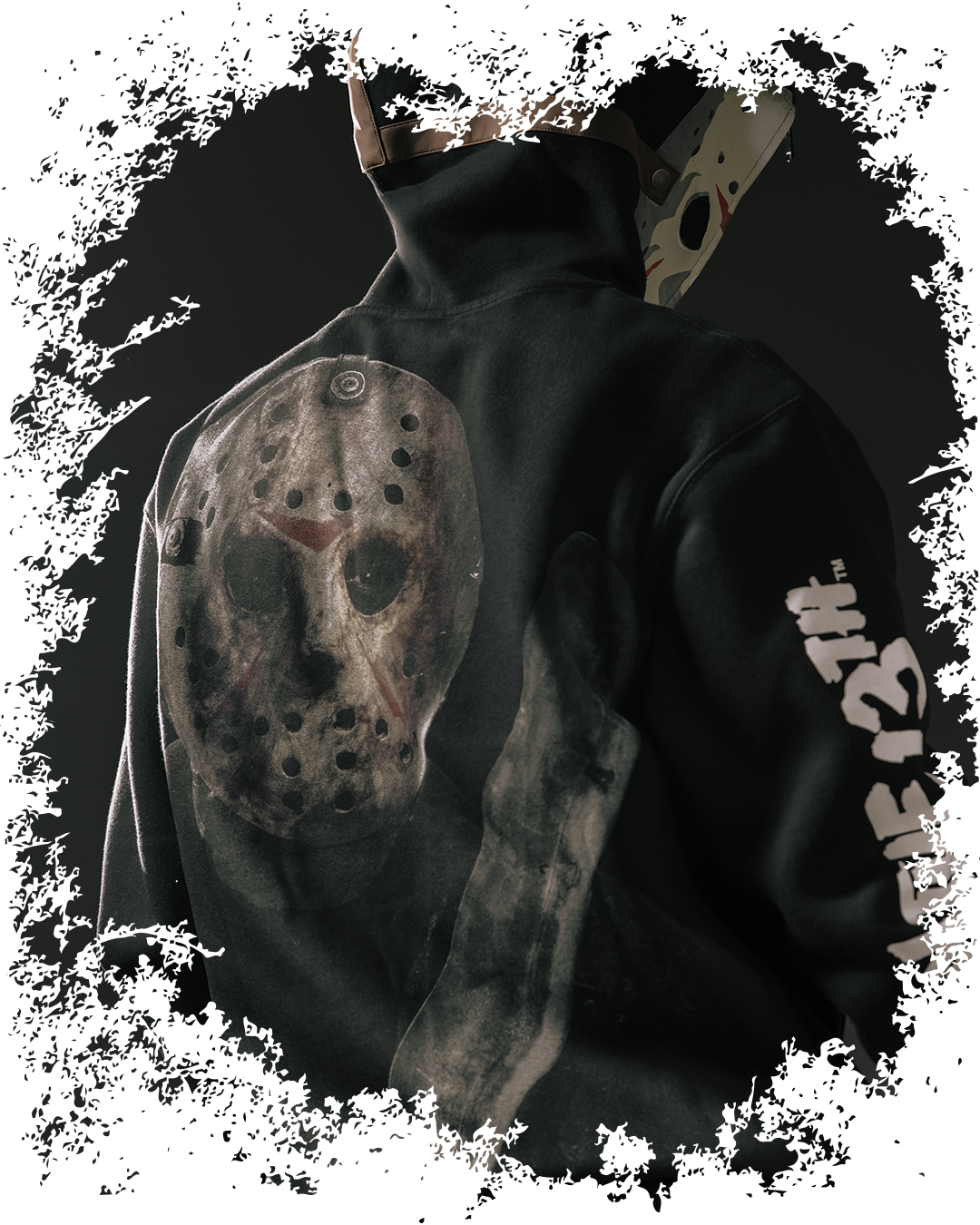 Black sweatshirt featuring a skull and hockey mask design on the back.