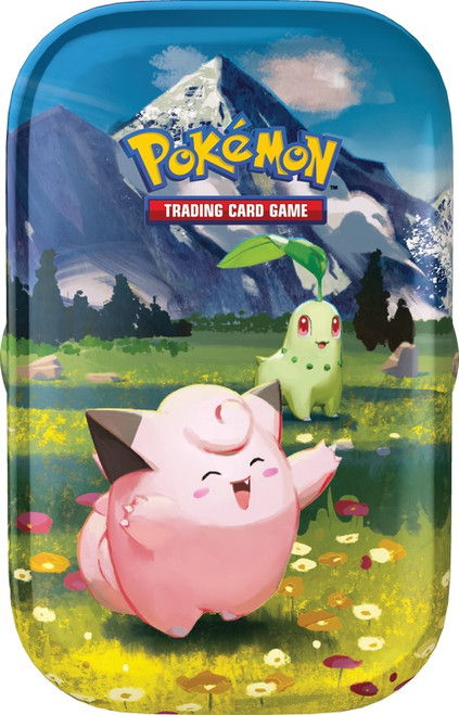 Pokémon ascended-heroes-mini-tins Trading Card Game featuring Clefairy and Chikorita in a scenic landscape.