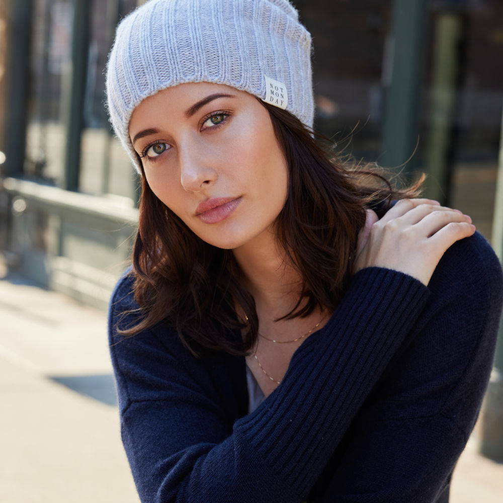 Stella Beanie in Cloud + Francesca Pure Cashmere Cardigan in Navy.  Not Monday.