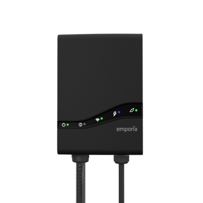 Emporia Pro Level 2 EV Charger facing forward with digital display.