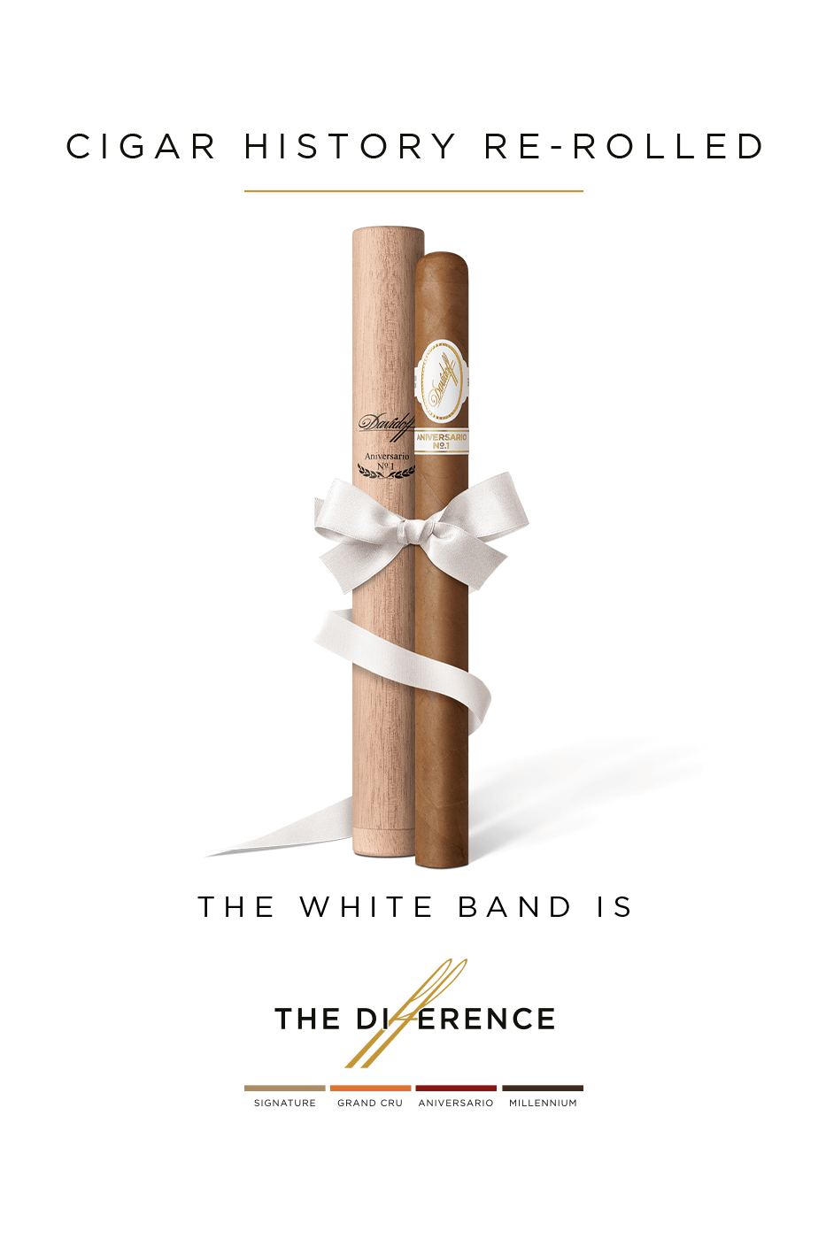 A Davidoff Aniversario No.1 Limited Edition Collection placed next to its wooden tubo wrapped with a white ribbon. 