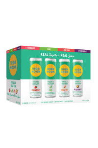 Four cans of flavored beverages in a colorful packaging box.