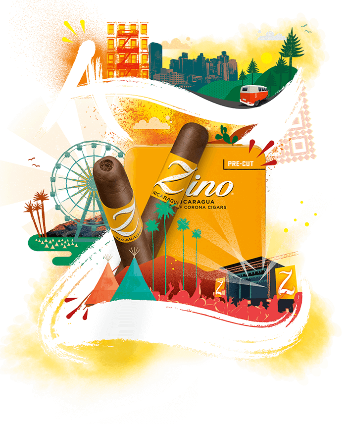 A photo of two pre-cut Zino Half Corona cigars placed in front of their yellow tin. The image is embedded in the eye-catching graphic of Zino Nicaragua, which displays a small A which is connected to a bigger Z with some entertaining graphics depicting an adventurous lifestyle around.
