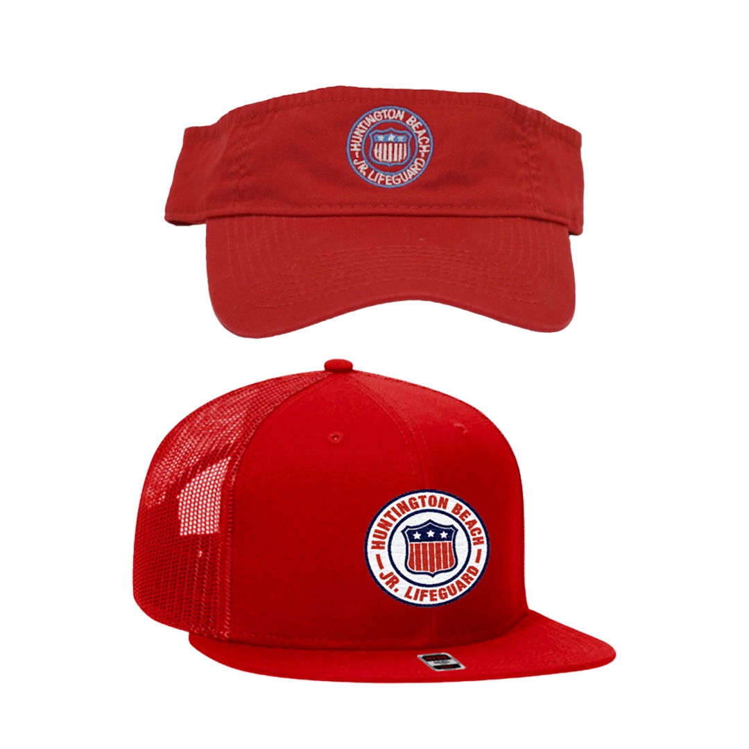 red hat and red visor with white logo on white background