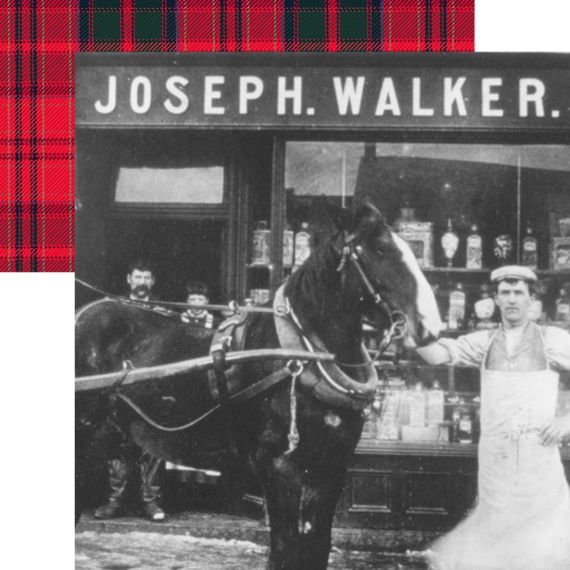Historic photo of a shopfront with a horse and a person.