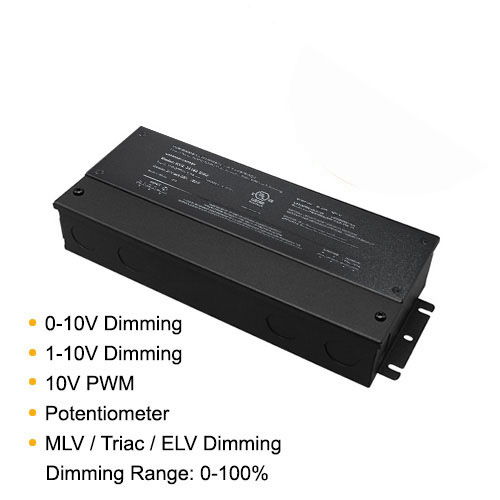 5-in-1 Dimmable LED Driver 200W 24V constant voltage power supply supporting 0-10V, 1-10V, 10V PWM, potentiometer, MLV, TRIAC, and ELV dimming with 0–100% brightness control