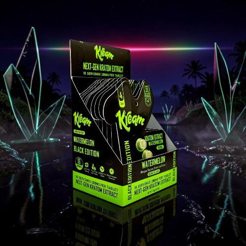 Kleong product display against a vibrant, neon-lit background with crystals.