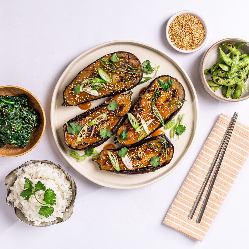 Miso Dengaku Aubergine with Steamed Rice & Sautéed Spinach