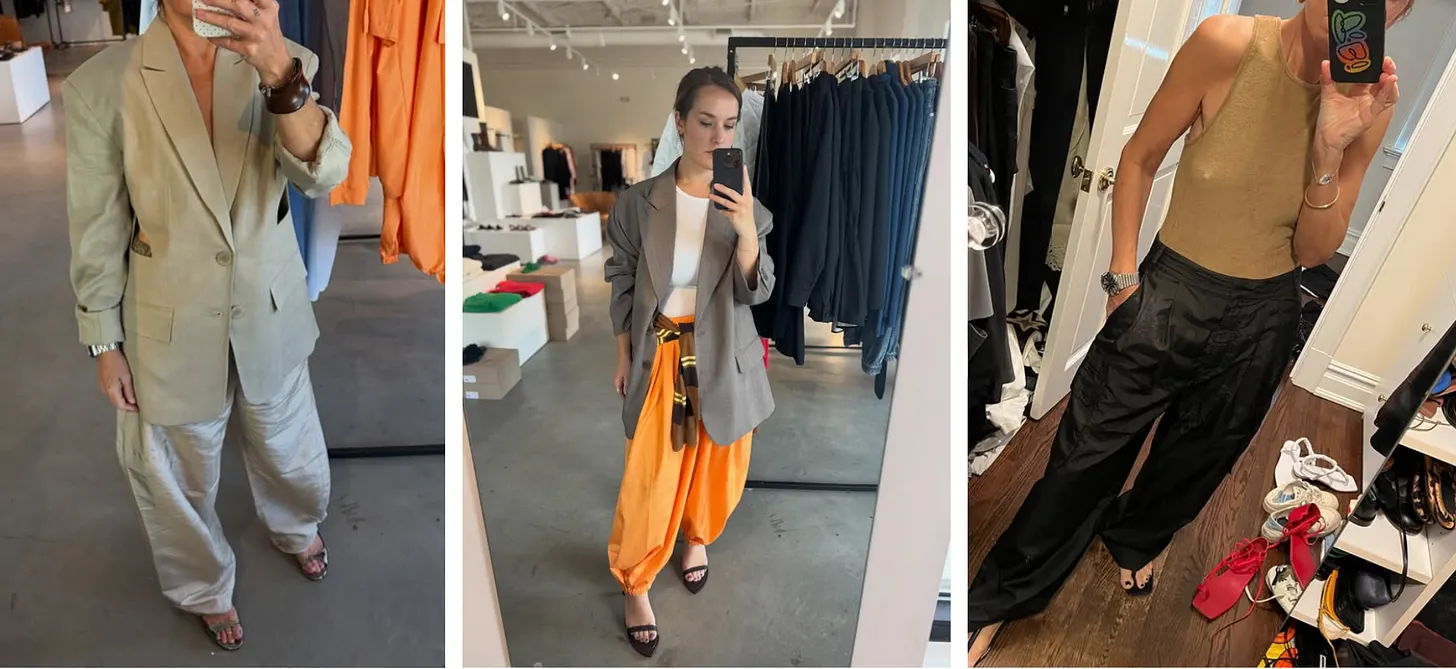 Three outfits showcased on models in a clothing store.