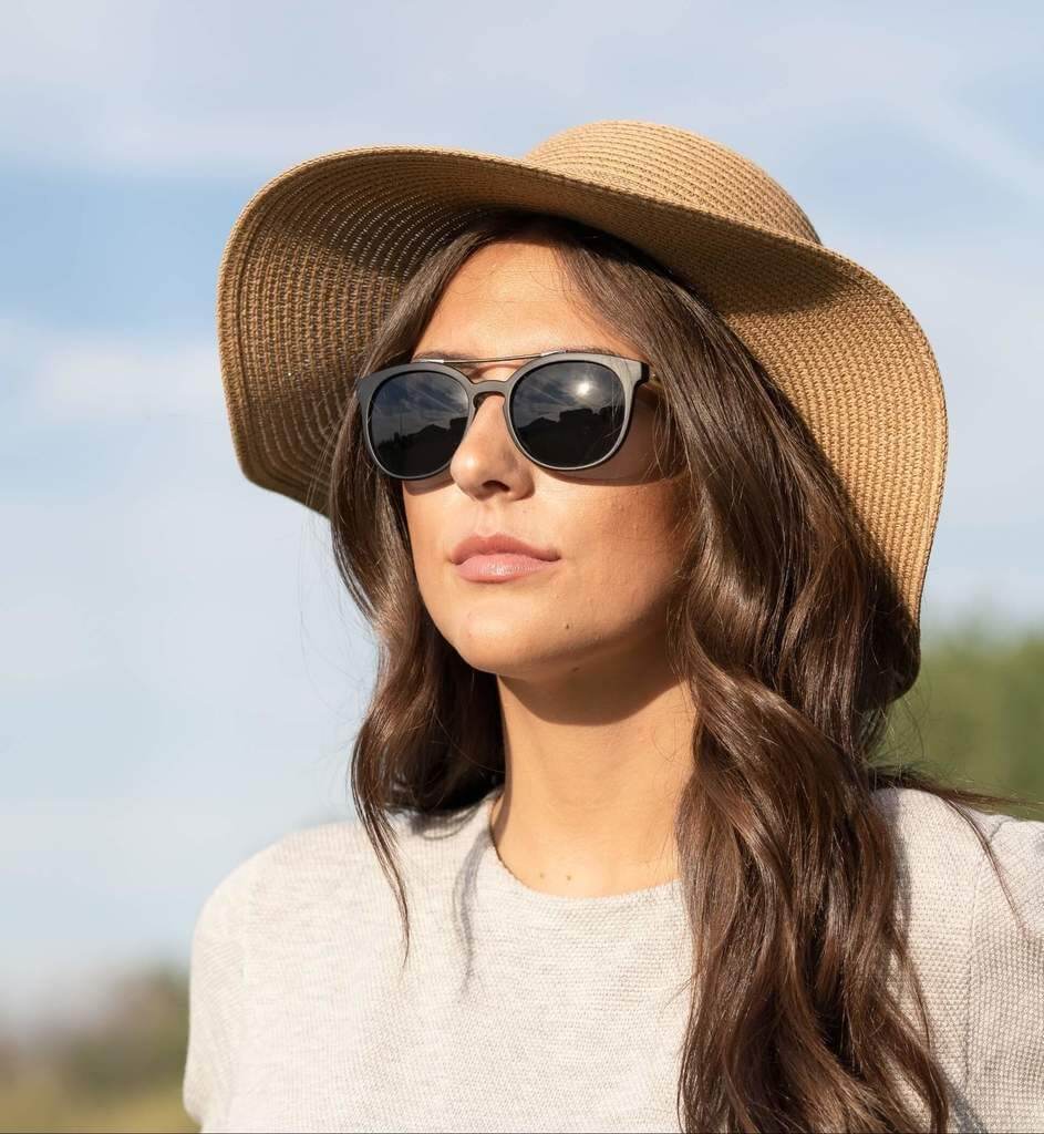 Woman with big nose wearing Sienna, Double Bridge Wooden Sunglasses