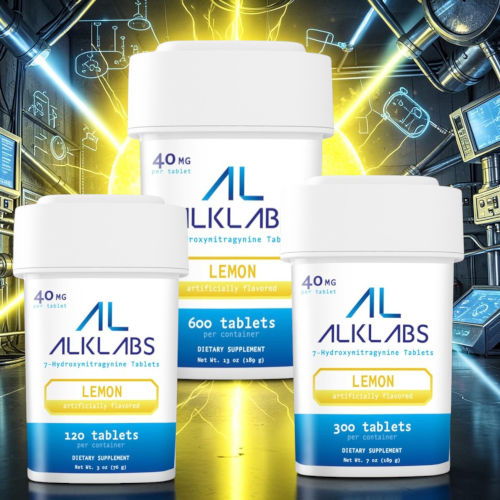 Three containers of ALKLABS lemon tablets on a futuristic background.