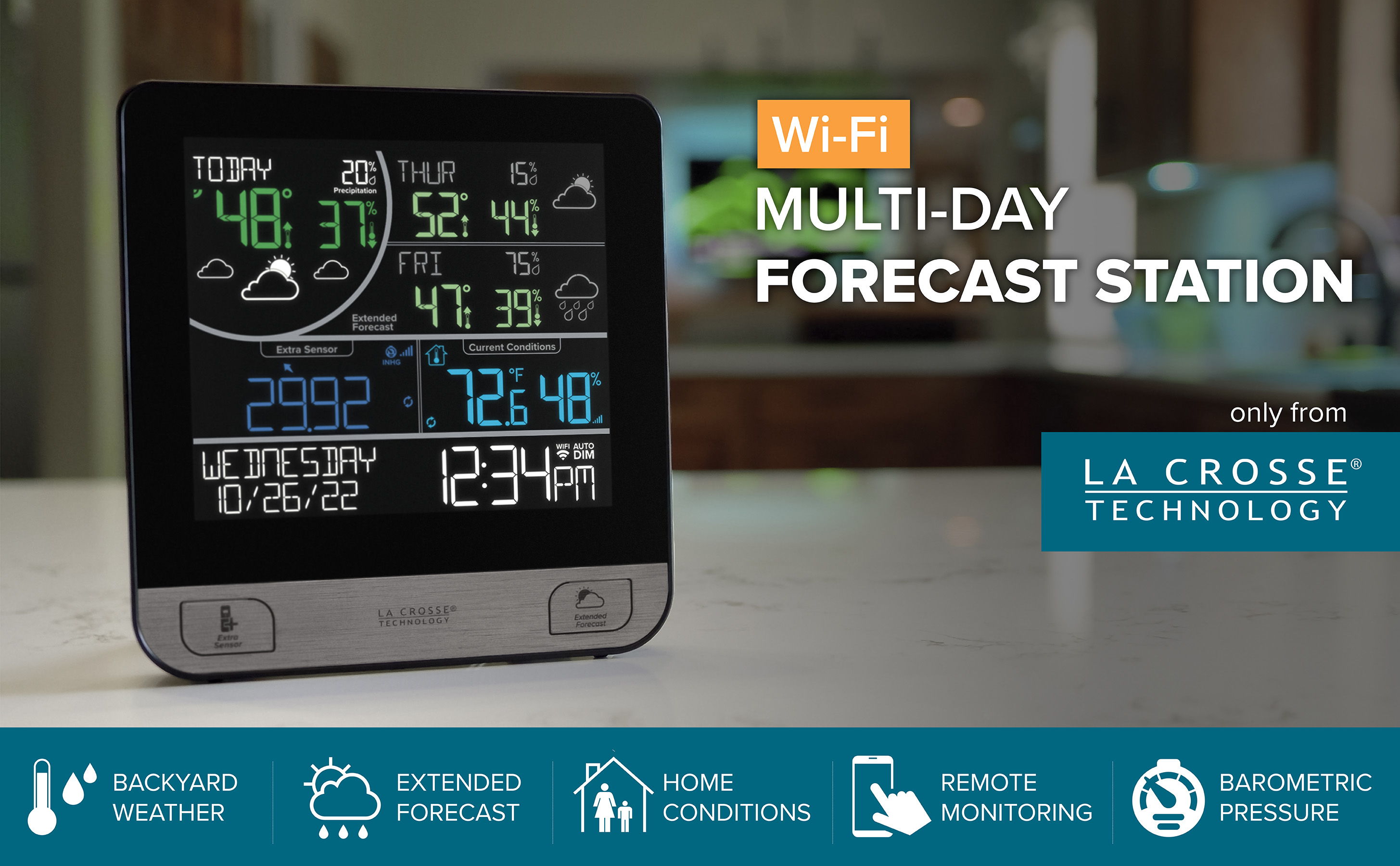 Wi-Fi multi-day forecast station display with weather information and icons.