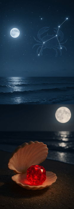 Ruby gemstone resting inside an open seashell on the beach under moonlight with the ocean in the background, and the Cancer constellation glowing in the night sky above the sea.