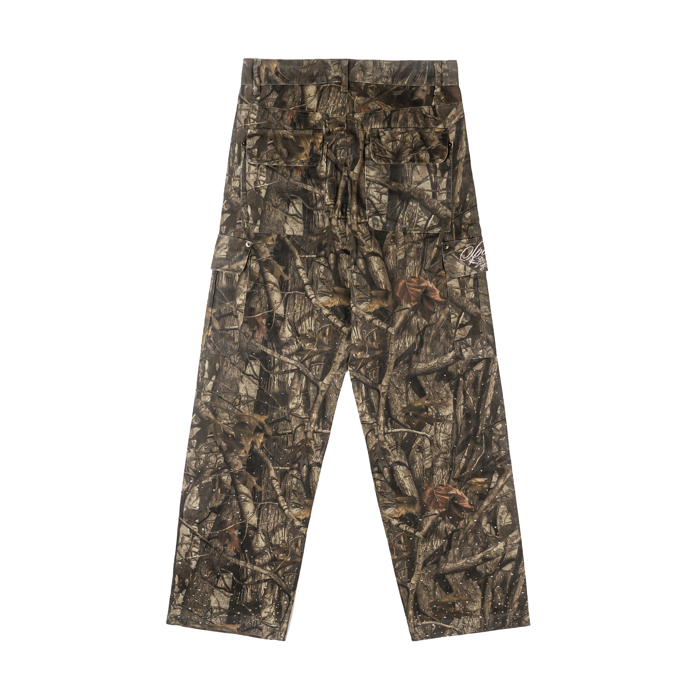 Camo-patterned pants displayed against a plain background.