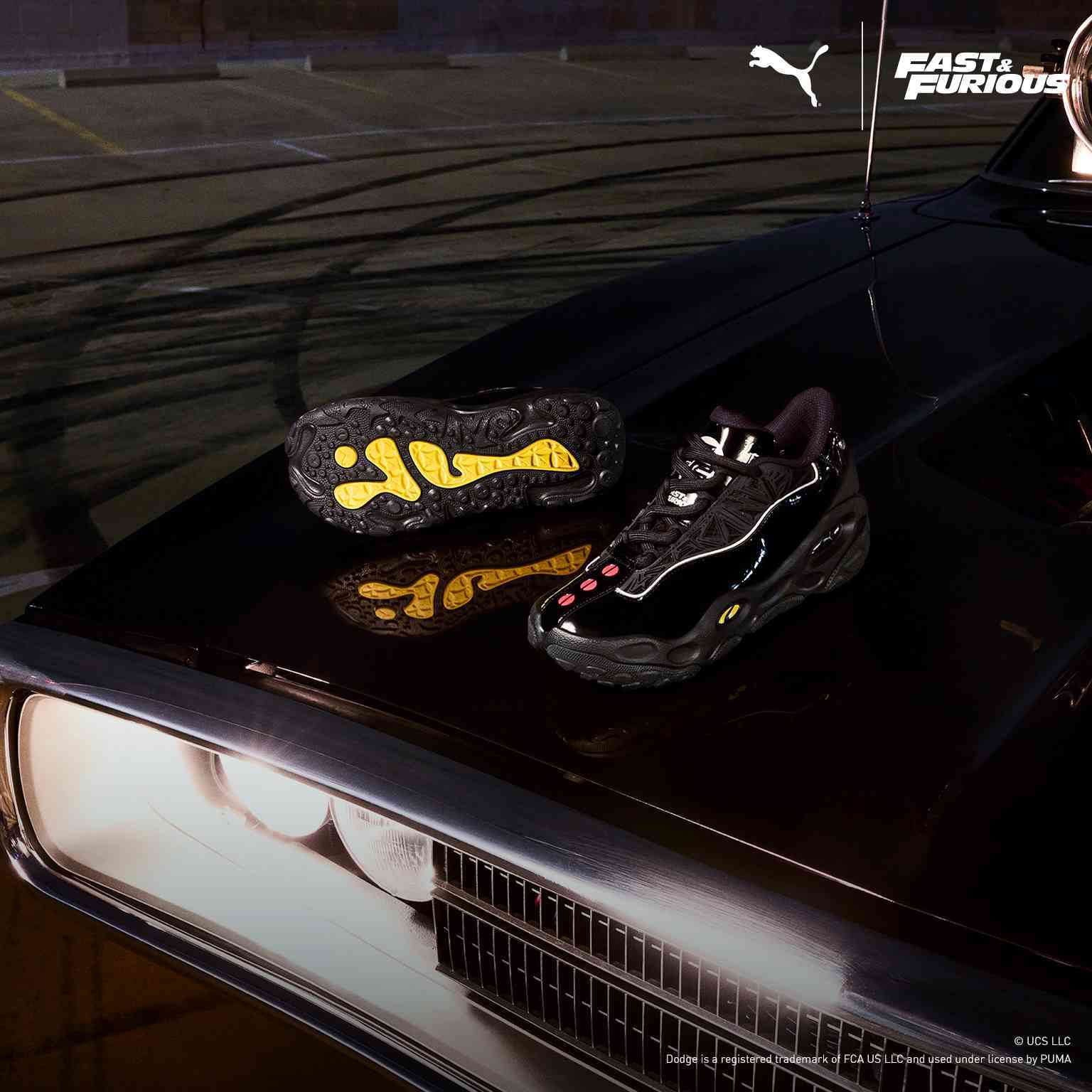 Puma x Fast and Furious - Black sneakers on a car hood with Puma branding.