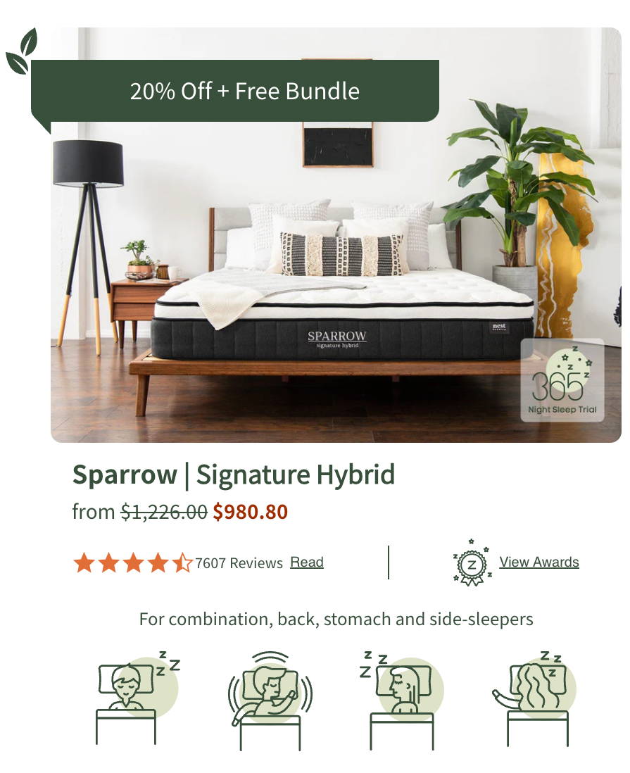 The sparrow signature hybrid mattress. Also displayed are the base 20% off price of starting at $980.80, 7607 reviews, and for combination, back, stomach, and side-sleepers