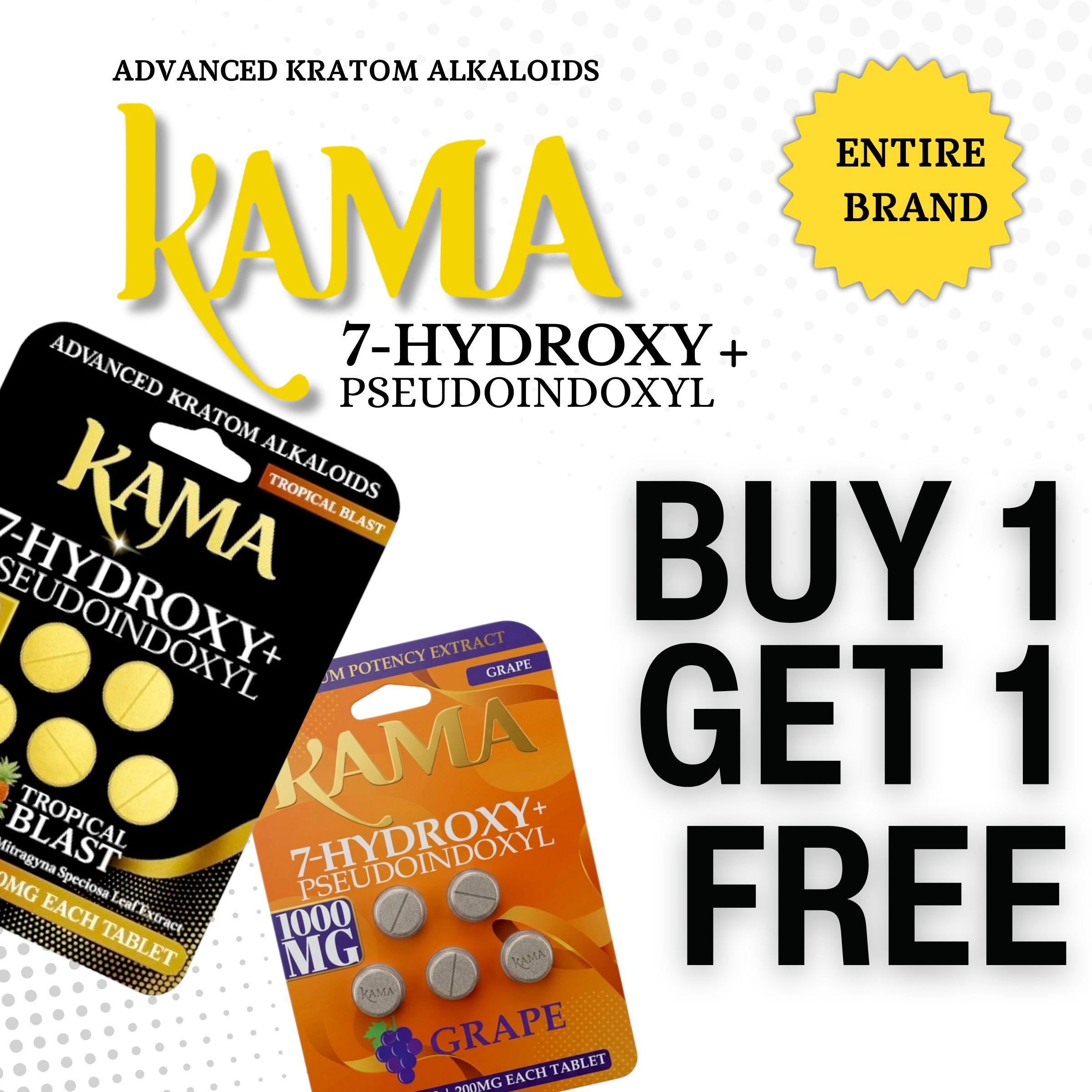 KAMA brand kratom products with buy one, get one free promotion.