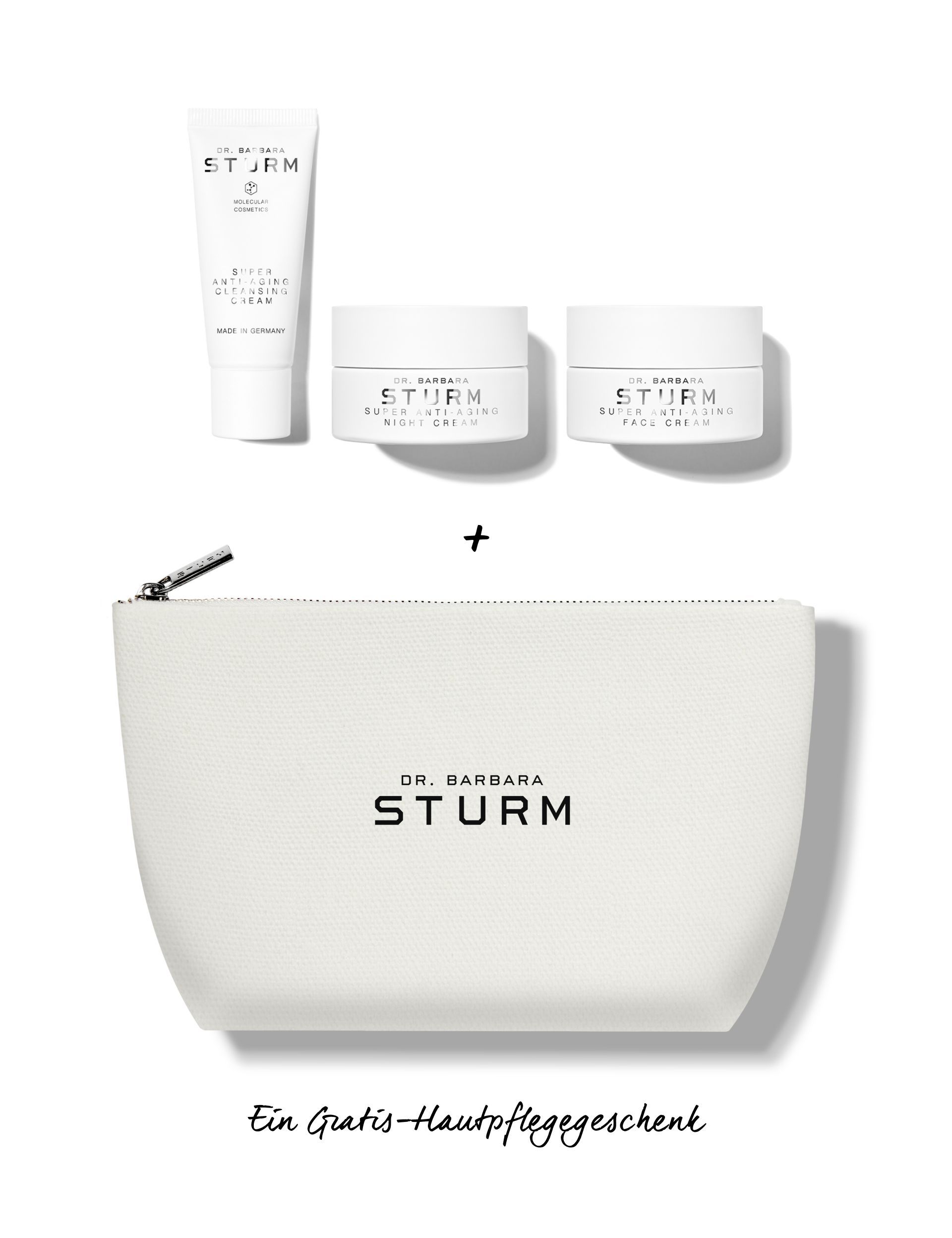 Skincare products and pouch from Dr. Barbara Sturm.