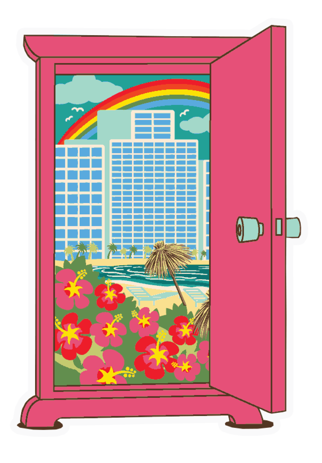A pink door opens to a tropical scene with flowers and a rainbow.