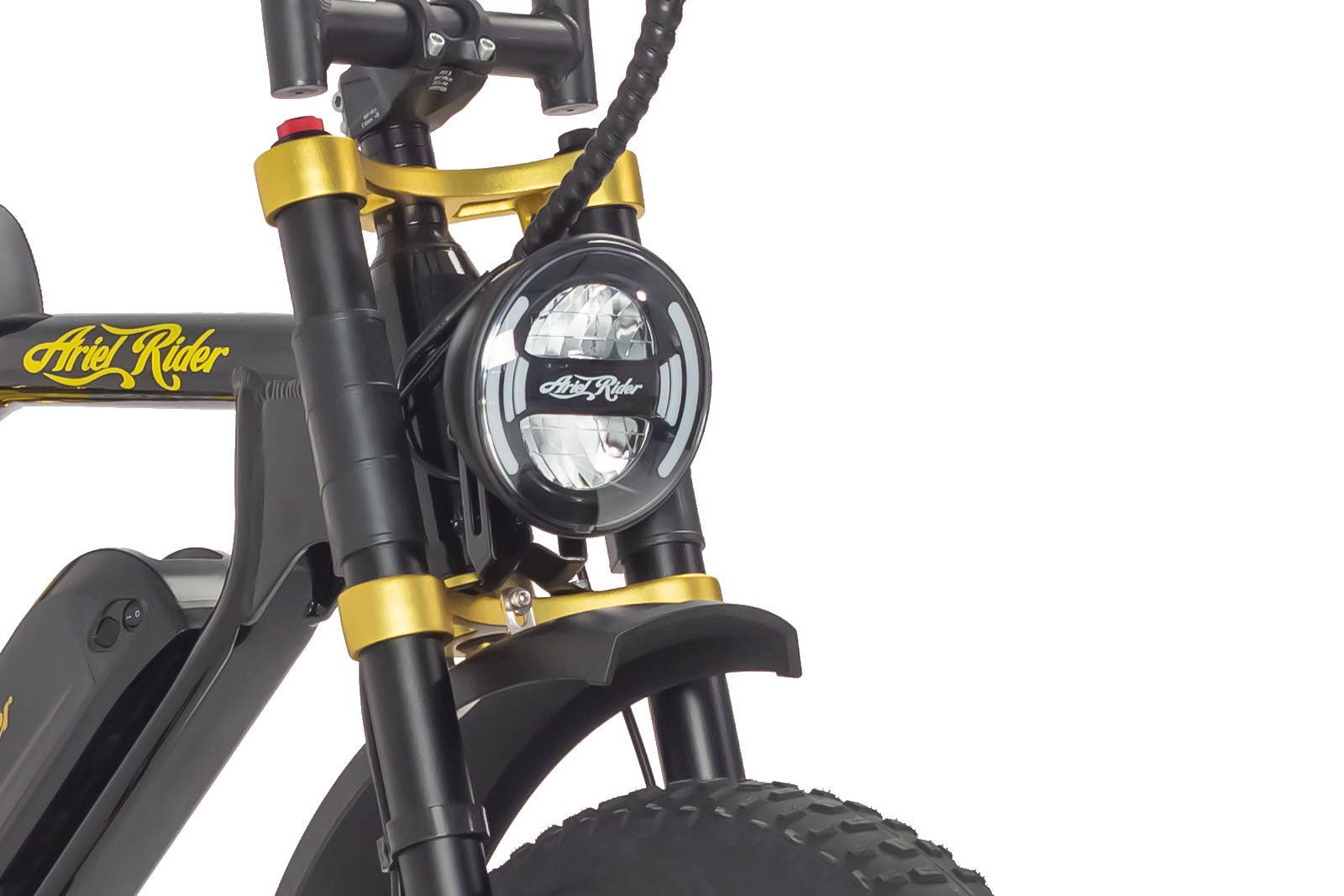 A photo of the Ariel Rider Grizzly ebike, featuring powerful and bright headlights for optimal visibility on any ride.