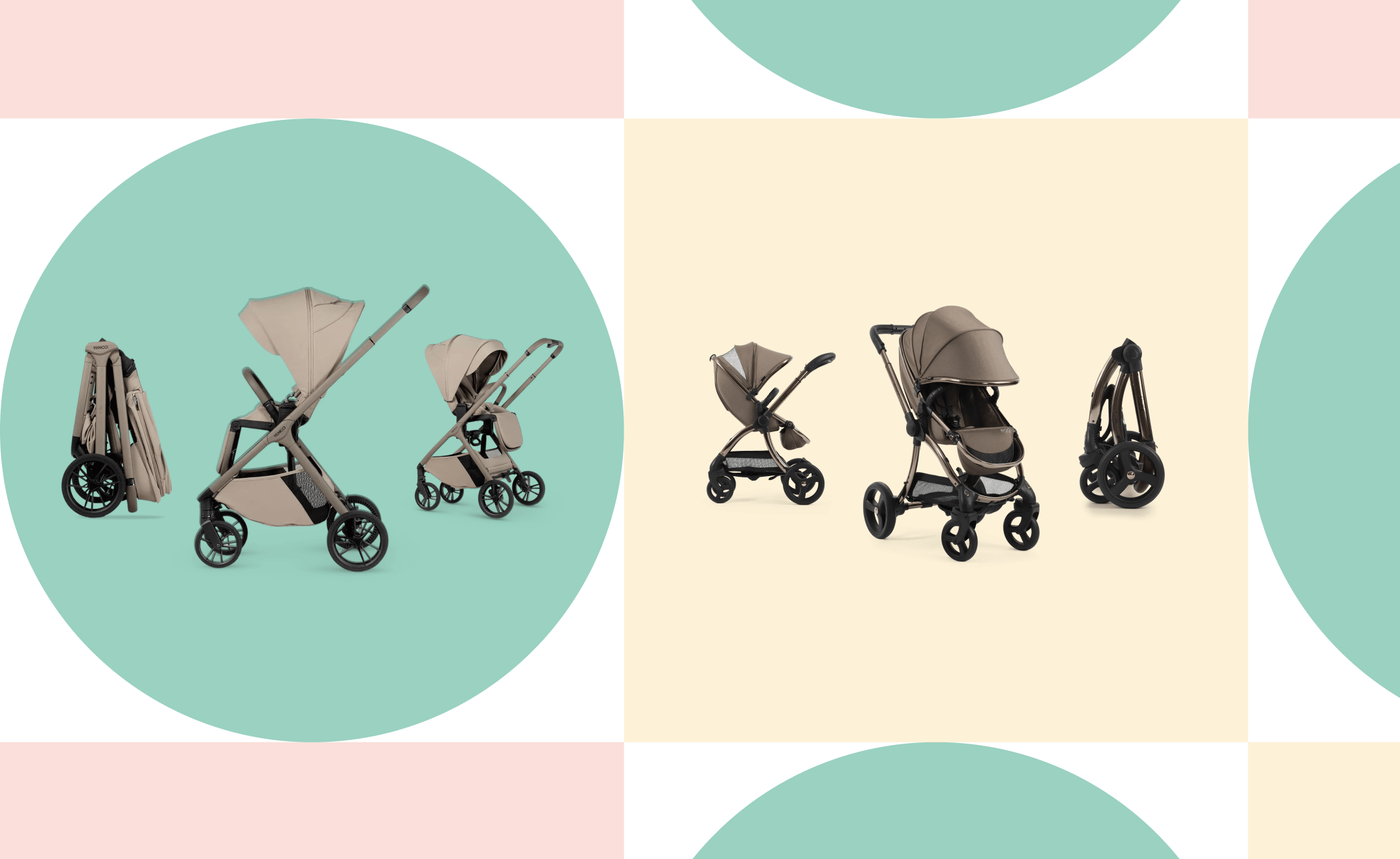 Various stroller designs displayed against colorful background circles.