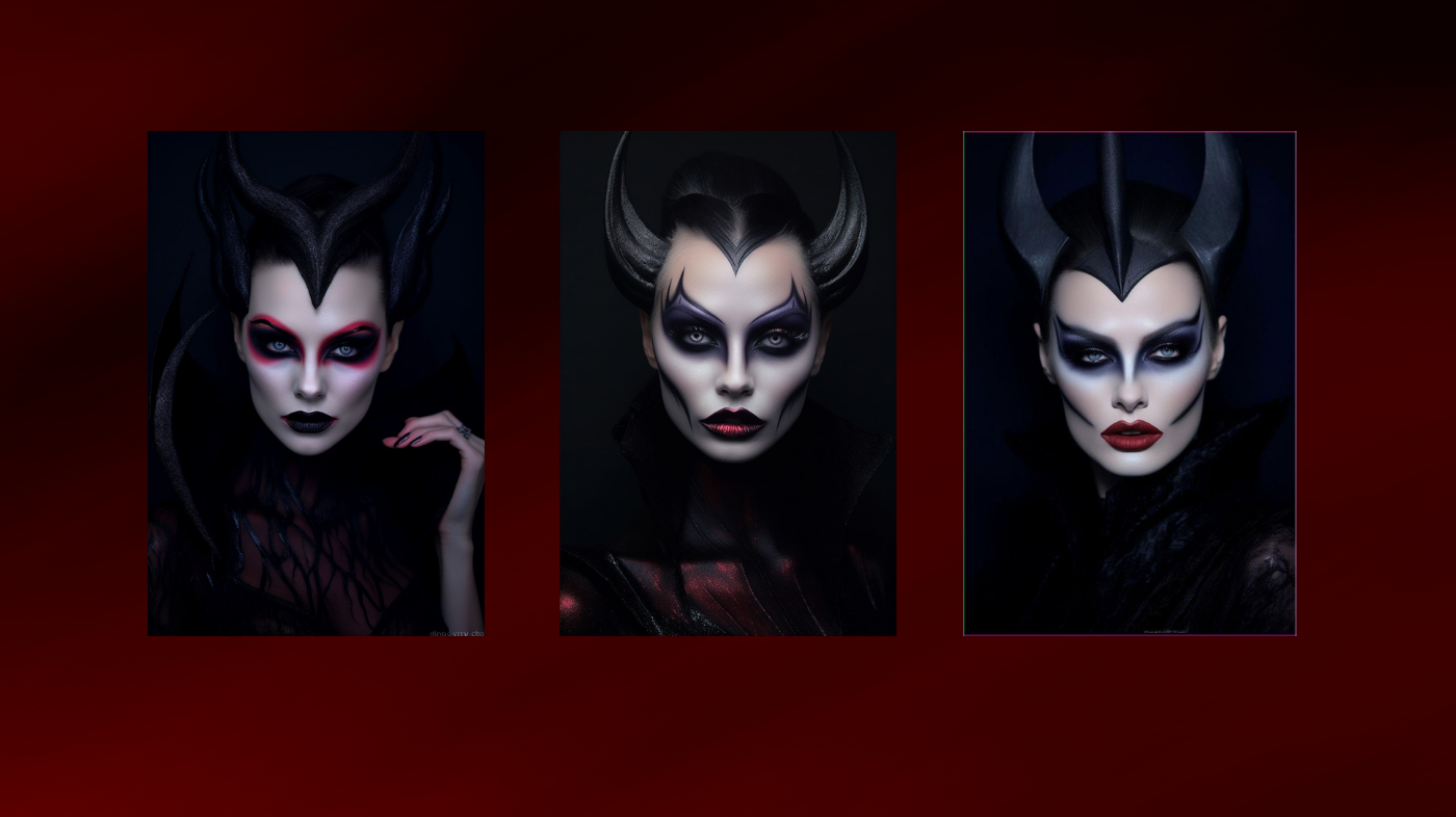 Demon cosplay makeup combining mystical shimmer and macabre dark tones with bold eyes, contouring, and fantasy detailing