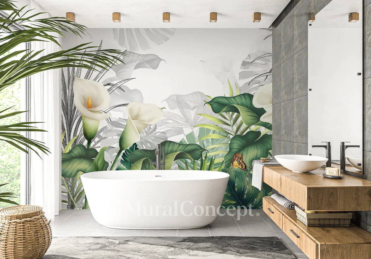 papier peint salle de bain nature lys blanche
