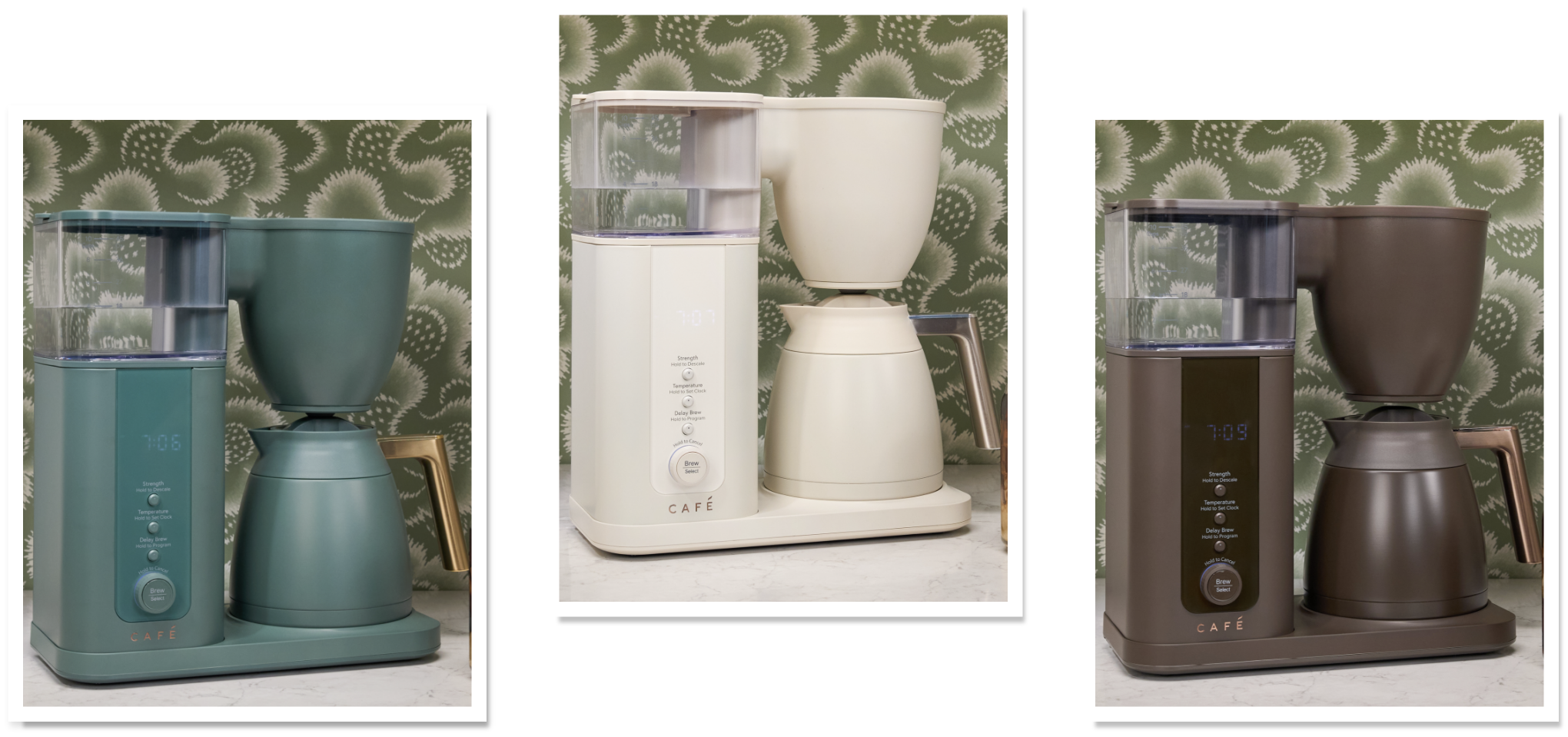 Three coffee makers in different colors: teal, white, and brown.