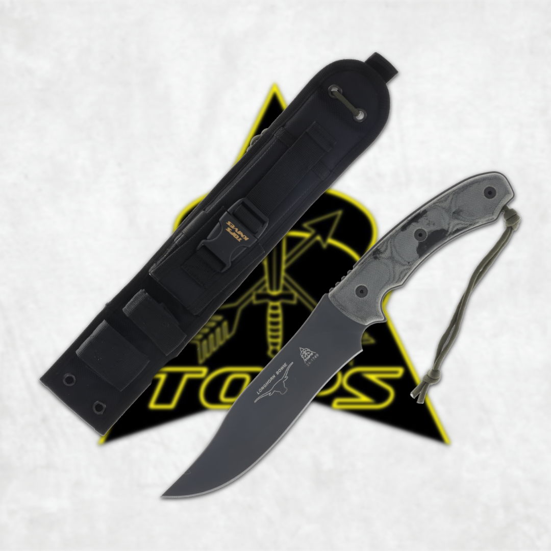 Knife with sheath on a branded background.
