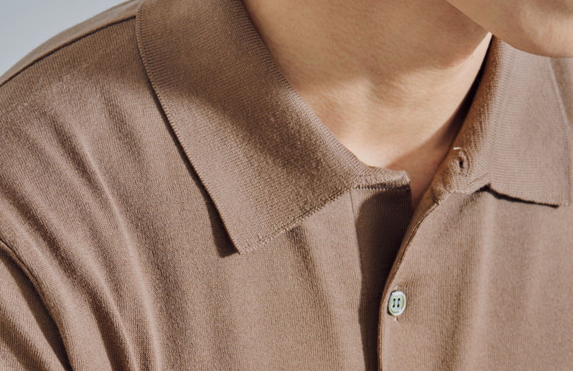 Close-up of a person wearing a brown polo shirt.