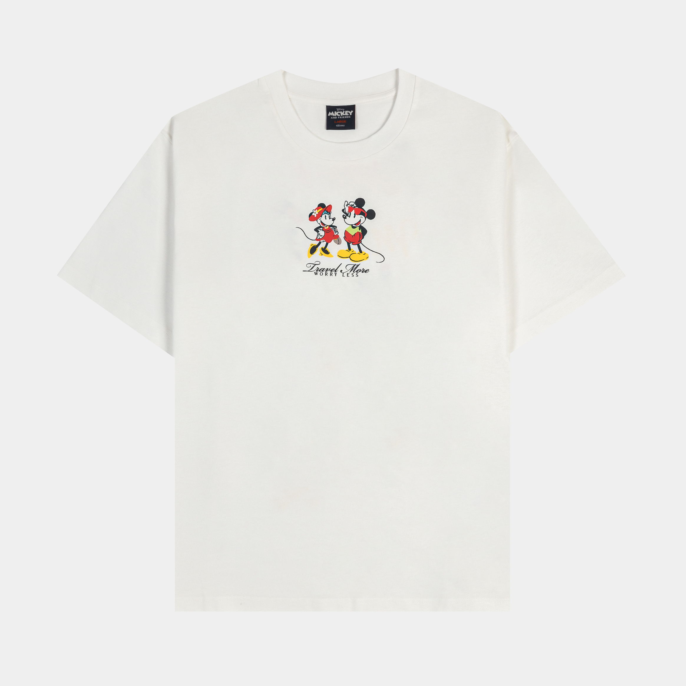 White t-shirt featuring Mickey and Minnie Mouse graphic design.